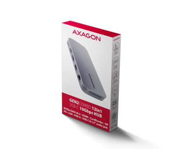 AXAGON HMC-12GM2, USB 10Gbps hub, 3x USB-A, USB-C, HDMI, DP, RJ-45 GLAN, M.2, SD/mSD, audio, PD 100W, kabel USB-C 50cm