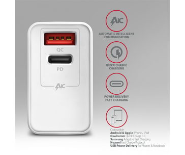 AXAGON ACU-PQ22W, PD & QC nabíječka do sítě 22W, 2x port (USB-A + USB-C), PD3.0/QC3.0/AFC/FCP/Apple, bílá