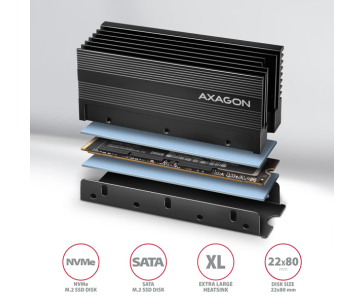 AXAGON CLR-M2XL, hliníkový pasivní chladič pro jedno i oboustranný M.2 SSD disk, výška 36 mm