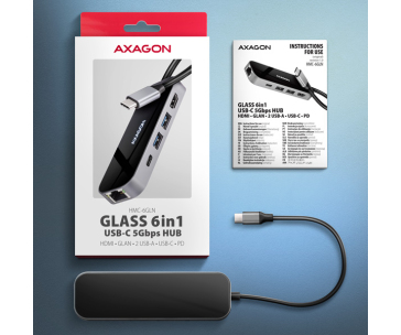 AXAGON HMC-6GLN, USB 5Gbps hub, 2x USB-A, USB-C, HDMI 4k/60Hz, RJ-45 GLAN, PD 100W, kabel USB-C 20cm