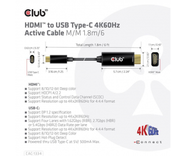 Club3D aktivní kabel HDMI na USB-C, 4K60Hz, 1.8m, M/M