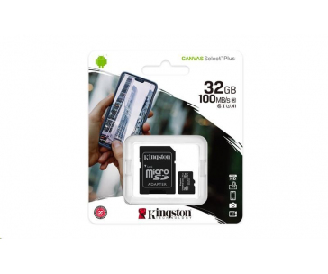 Kingston MicroSDHC karta 32GB Canvas Select Plus 100R A1 C10 Card + SD adaptér