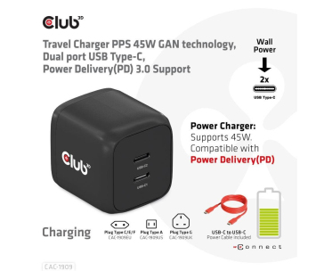 Club3D cestovní nabíječka PPS 45W GAN technologie, Dual port USB Type-C, Power Delivery(PD) 3.0 Support