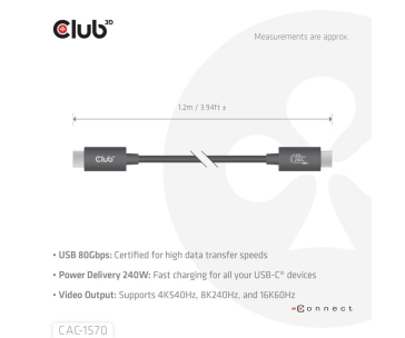 Club3D Kabel USB4 v2 Typ-C, 80Gbps, Certifikovaný kabel, 4K540Hz, 8K240Hz, 16K60Hz, PD 240W, 1,2m