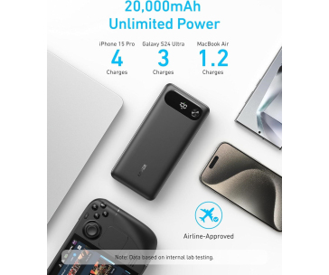 Anker Powerbanka 20K, 87W, 20 000mAh, s vestavěným USB-C kabelem + 1x USB-C, 1x USB-A, Black