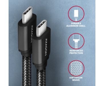 AXAGON BUCM3-CM20AB, SPEED kabel USB-C <-> USB-C, 2m, USB 3.2 Gen 1, PD 60W 3A, ALU, oplet, černý