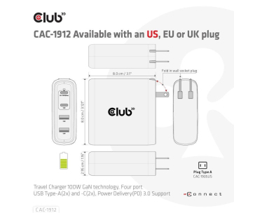 Club3D cestovní nabíječka 100W GAN technologie, 2xUSB-A a 2xUSB-C, PD 3.0 Support