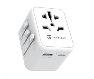 Tactical cestovní adaptér pro EU/UK/USA/JAP/AUS/CNY, 1x USB-C + 1x USB A, 12W, bílá