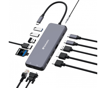 VERBATIM Hub USB-C Pro Multiport 14 Port, 5x USB-A, 2x USB-C, 2x HDMI, 1xVGA, RJ45, 3.5mm Jack audio, microSD/SD, šedá