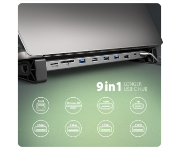 AXAGON HMC-10HLS, USB 5Gbps hub, 4x USB-A, HDMI 4k/60Hz, RJ-45 GLAN, SD/mSD, PD 100W, kabel USB-C 25cm