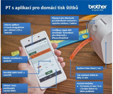 BROTHER tiskárna štítků PT-P300 - 12mm, pásky TZe, BT, iOS 9, Android 4.1 a vyšší, Apple MFi, BT ver 2.1, 20mm/s