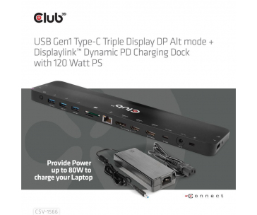 Club3D Dokovací stanice USB-C, Triple Display DP Alt mode Displaylink Dynamic PD Charging Dock with 120 Watt PS