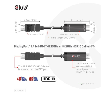 Club3D kabel DP 1.4 na HDMI, 4K120Hz nebo 8K60Hz HDR10, M/M, 3m