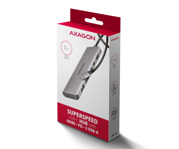 AXAGON HMC-5H, USB 5Gbps hub, 3x USB-A, HDMI 4k/30Hz, PD 100W, kabel USB-C 100cm