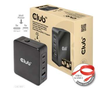 Club3D cestovní nabíječka 140W GaN technologie, 3xUSB-C, 1xUSB-A, PPS + PD 3.1 Support