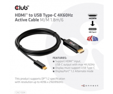 Club3D aktivní kabel HDMI na USB-C, 4K60Hz, 1.8m, M/M