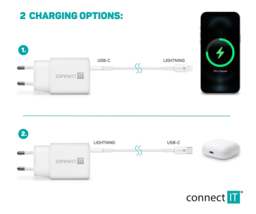 CONNECT IT Duplex nabíjecí adaptér 1xLightning, 1×USB-C, 20W, 1xLightning - USB-C kabel, bílá