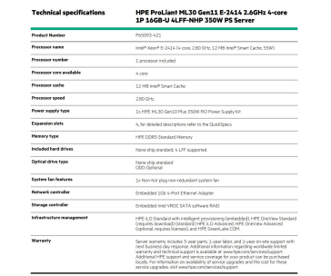 HPE PL ML30g11 E-2414 (2.8G/4C8T) 16G (P64336) 4LFF NHP VROC 350Wn NBD311