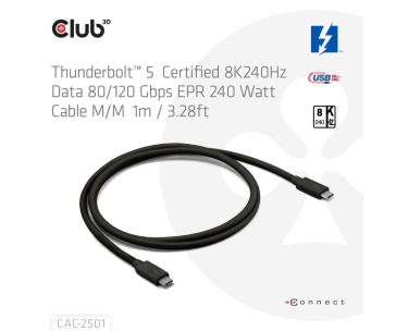 Club3D Kabel Thunderbolt 5, 80/120Gbps, Certifikovaný kabel, 1x 4K540Hz, 2x8K240Hz, PD 240W, 1m