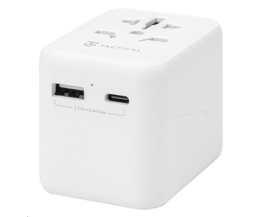 Tactical cestovní adaptér pro EU/UK/USA/JAP/AUS/CNY, 1x USB-C + 1x USB A, 12W, bílá