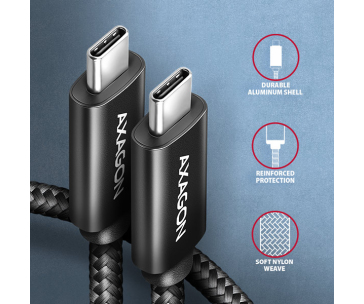 AXAGON BUCM2-CM15AB, CHARGE kabel USB-C <-> USB-C, 1.5m, Hi-Speed USB, PD 240W 5A, ALU, oplet, černý