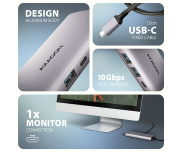 AXAGON HMC-6G2L, USB 10Gb/s hub, 2x USB-A, 1x USB-C, HDMI 4k/60, RJ-45, PD 100W, kabel USB-C 15cm