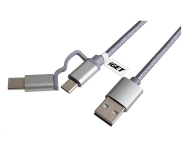 iGET G2V1 USB kabel 2v1, 1m, stříbrný, microUSB i USB-C, prodloužené koncovky