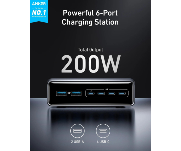 Anker Prime Charger, 200W stolní GaN nabíječka, 4x USB-C, 2x USB-A, PowerIQ 3.0, podpora PPS