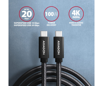 AXAGON BUCM32-CM15AB, SPEED+ kabel USB-C <-> USB-C, 1.5m, USB 20Gbps, PD 100W 5A, 4K HD, ALU, oplet, černý