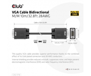 Club3D kabel oboustranný VGA, M/M, 28AWG, 10m