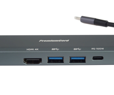 PREMIUMCORD Adaptér USB-C na Gigabit 10/100/1000Mbps + 1x HDMI,  2x USB3.2, 1x PD 100W konektor, Šedá