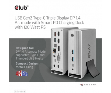 Club3D Dokovací stanice USB-C, Triple Display DP 1.4 Alt mode Displaylink Dynamic PD Charging Dock with 120 Watt PS