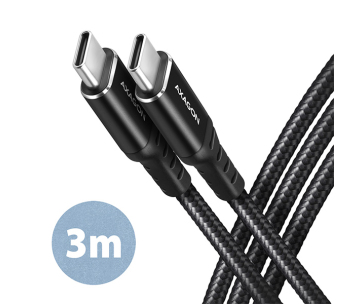 AXAGON BUCM-CM30AB, HQ kabel USB-C <-> USB-C, 3m, USB 2.0, PD 60W 3A, ALU, oplet, černý