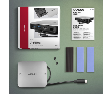 AXAGON HMC-UFO, USB 10Gbps hub, 2x USB-A, USB-C, HDMI 4k/60, RJ-45, M.2 slot, SD/mSD, audio, PD 100W, kabel USB-C 65cm