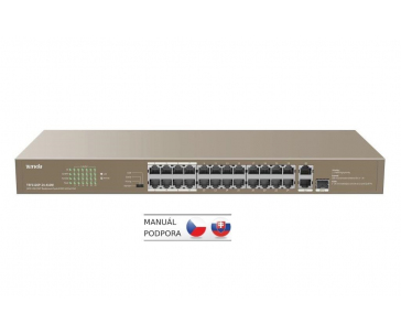 Tenda TEF1126P-24-410W - PoE AT Switch 370Watt, 24xRJ45 10/100 Mbps PoE, 2x Gigabit Uplink RJ45/SFP, Fanless, Kov