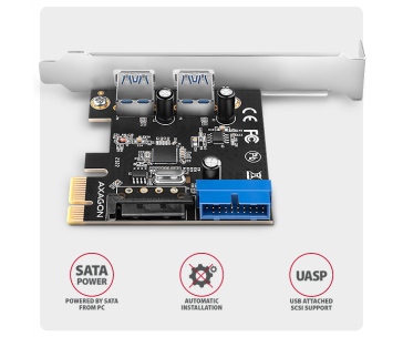 AXAGON PCEU-232RS, PCIe řadič, 2+2x USB 5Gbps port, SATA napájení, Renesas PD720201, SP & LP