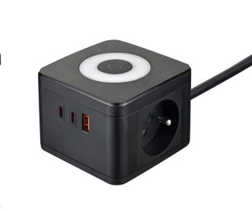 Viking síťový adaptér YC23L, 2x 230 V, 1x USB-A, 2x USB-C, dotykové světlo, délka 1,4 m, černá