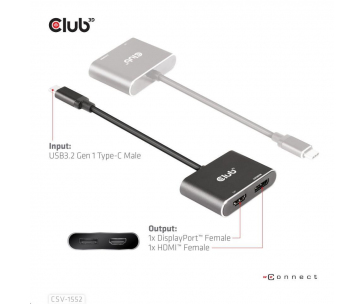 Club3D hub MST (Multi Stream Transport) USB3.2 Gen2 Type-C(DP Alt-Mode) na DisplayPort + HDMI 4K60Hz (M/F)