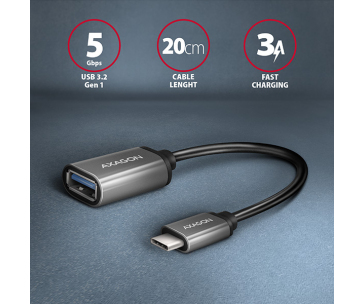 AXAGON RUCM-AFAC, kabelová redukce USB-C (M) <-> USB-A (F), 20cm, USB 3.2 Gen 1, 3A, ALU