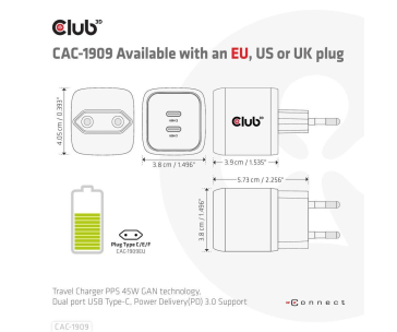 Club3D cestovní nabíječka PPS 45W GAN technologie, Dual port USB Type-C, Power Delivery(PD) 3.0 Support