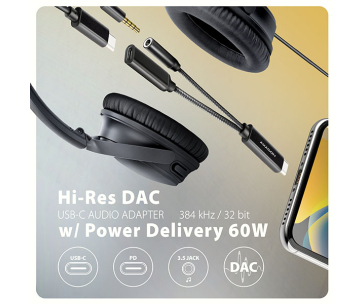 AXAGON ADA-HCPD, USB-C na 3.5mm jack - Hi-Res DAC audio adaptér, 384kHz/32bit, stereo, PD 60W 3A