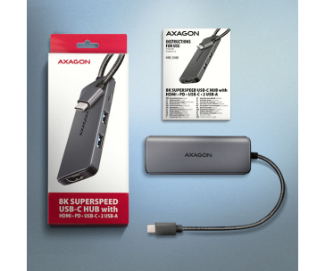 AXAGON HMC-5H8K, USB 5Gbps hub, 2x USB-A, USB-C, HDMI 8k/30Hz, PD 100W, kabel USB-C 15cm