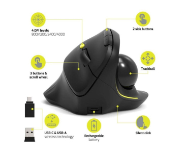 PORT bezdrátová ergonomická myš ERGONOMIC TRACKBALL, 2,4 Ghz & Bluetooth, USB-A/C, černá