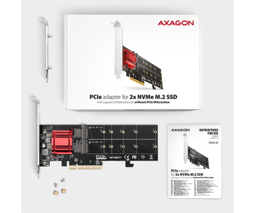 AXAGON PCEM2-ND, PCIe x8 řadič - 2x M.2 NVMe M-key slot, RAID, podpora desek bez bifurkace, vč. LP