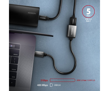 AXAGON RUCM-AFAC, kabelová redukce USB-C (M) <-> USB-A (F), 20cm, USB 3.2 Gen 1, 3A, ALU