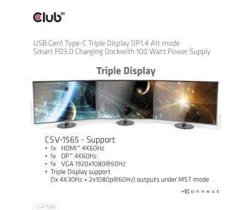 Club3D Dokovací stanice USB-C, Triple Display DP 1.4 Alt mode Smart PD3.0 Charging Dock with 100 Watt PS