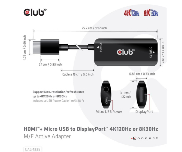 Club3D Adaptér HDMI + Micro USB na DisplayPort 4K120Hz/8K30Hz, Active Adapter M/F