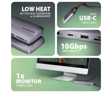 AXAGON HMC-6GM2, USB 10Gbps hub, USB-A, USB-C, HDMI, M.2 slot, SD/MicroSD, PD 100W, kabel USB-C 20cm