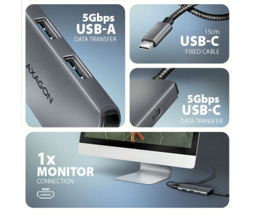 AXAGON HMC-5H8K, USB 5Gbps hub, 2x USB-A, USB-C, HDMI 8k/30Hz, PD 100W, kabel USB-C 15cm