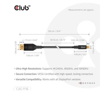 Club3D Kabel MiniDisplayPort na DisplayPort 2.1 Certifikovaný, Oboustranný, 10K60Hz, DSC1.2, UHBR10, 1m